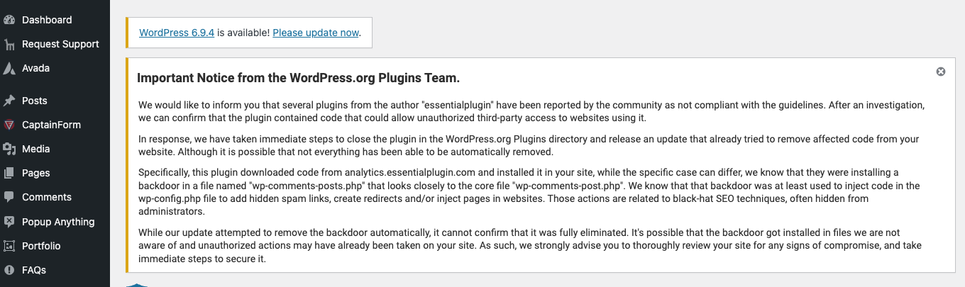 WordPress admin dashboard showing the Important Notice from the WordPress.org Plugins Team warning about the EssentialPlugin backdoor, with Popup Anything visible in the sidebar menu